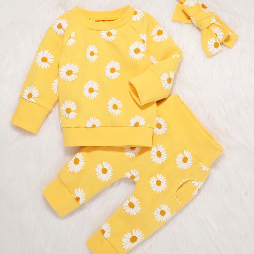 Daisy Cotton Yellow Sweatshirt, Pants & Headband 3pcs Baby Outfit